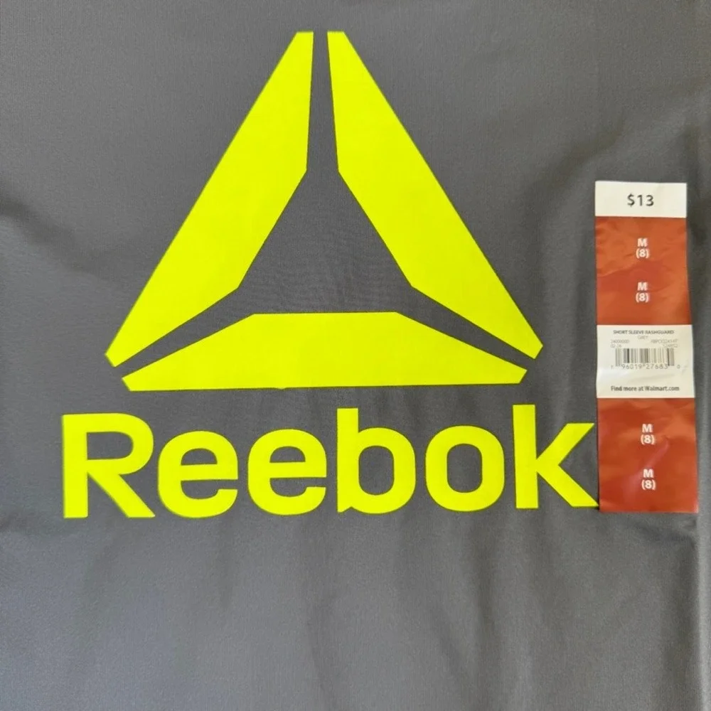 NWT Reebok Boys Grey Neon Yellow Logo Short Sleeve Rash Guard Swim Shirt M 8